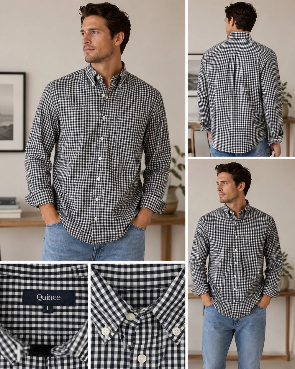 Quince Men's Large Black Gingham Button Down Shirt 100% Cotton Coastal Prep